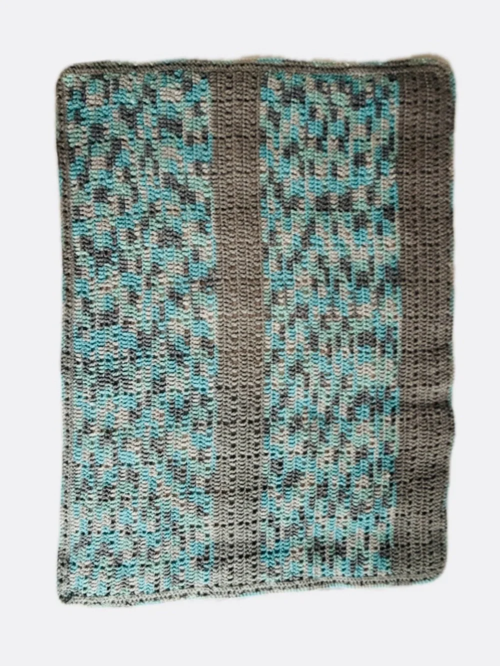 Crochet  lap/baby blanket handmade, variegated teal and grey. Cozy Home Accent